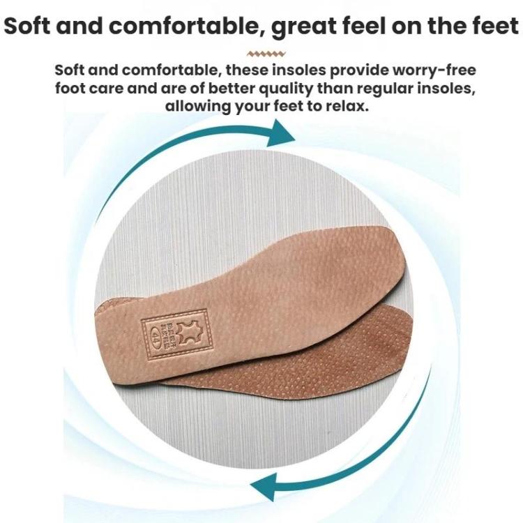 Tan leather insole pair, cushioned underside detail and comfort label