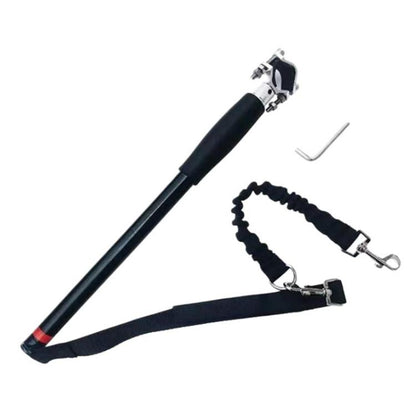 Black elastic bungee dog leash with bicycle handlebar clamp and carabiner clips