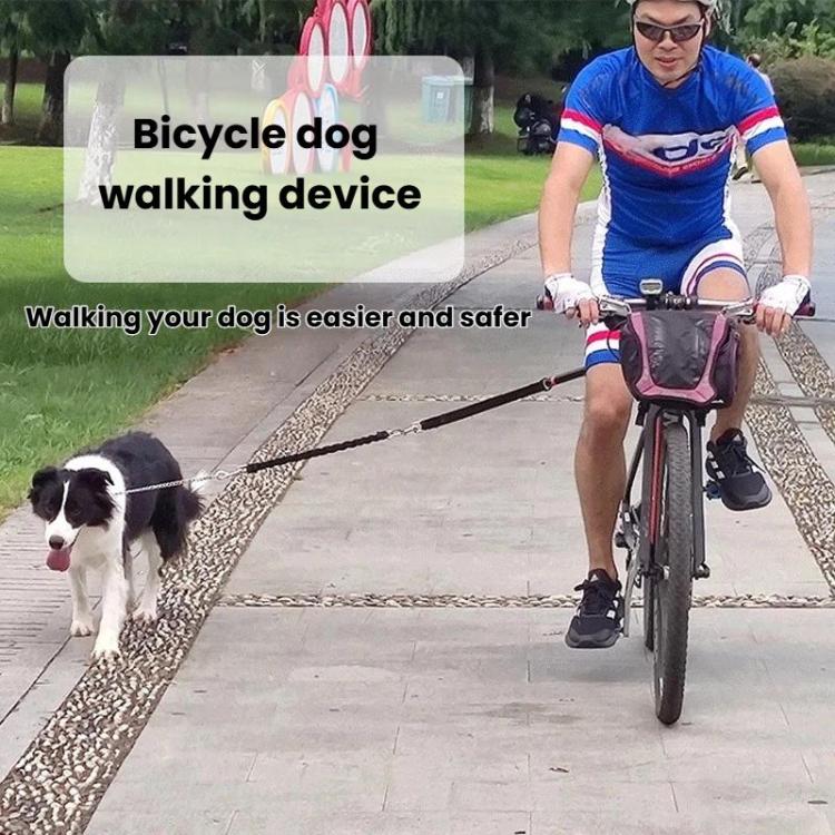 Bicycle-mounted elastic bungee dog leash with strap and metal carabiner clips
