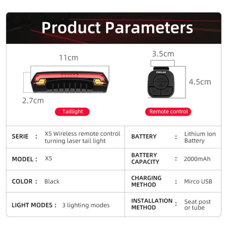 Smart Remote-Controlled Cycling Laser Tail Light Bicycle Turn Signal LED Warning Light, MEILAN X5