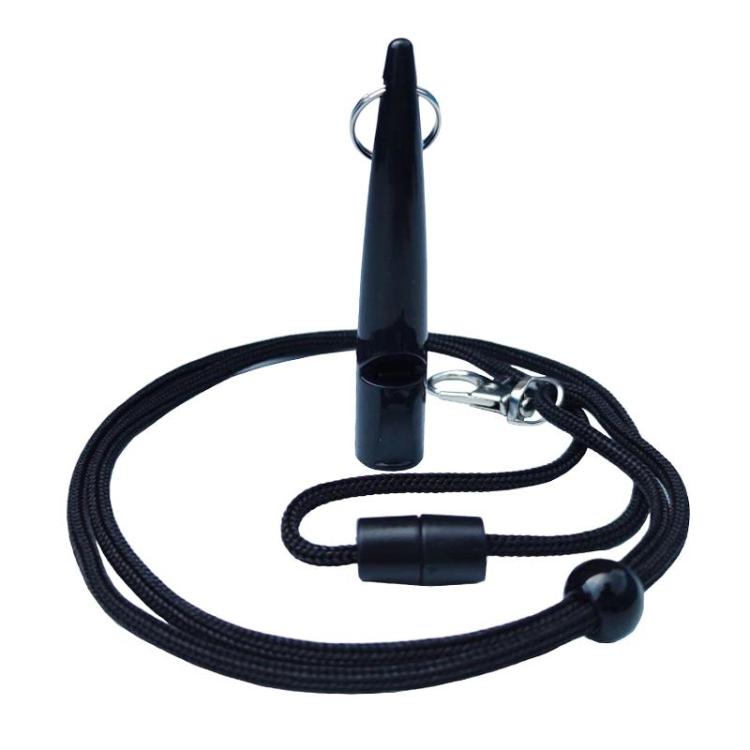 Ultrasonic pet training whistle with black lanyard, keyring clip, and cord stopper