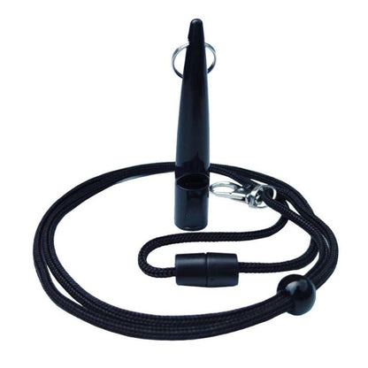 Ultrasonic pet training whistle with black lanyard, keyring clip, and cord stopper