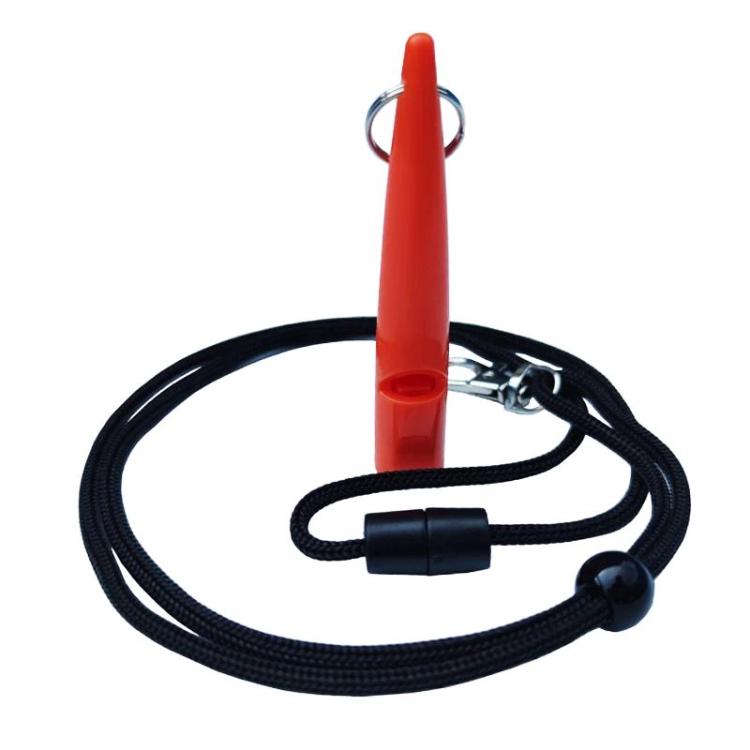 Ultrasonic pet training whistle with orange body, black lanyard, keyring clip