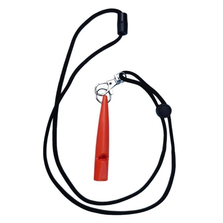 Ultrasonic pet training whistle with orange body and black lanyard with strap loop