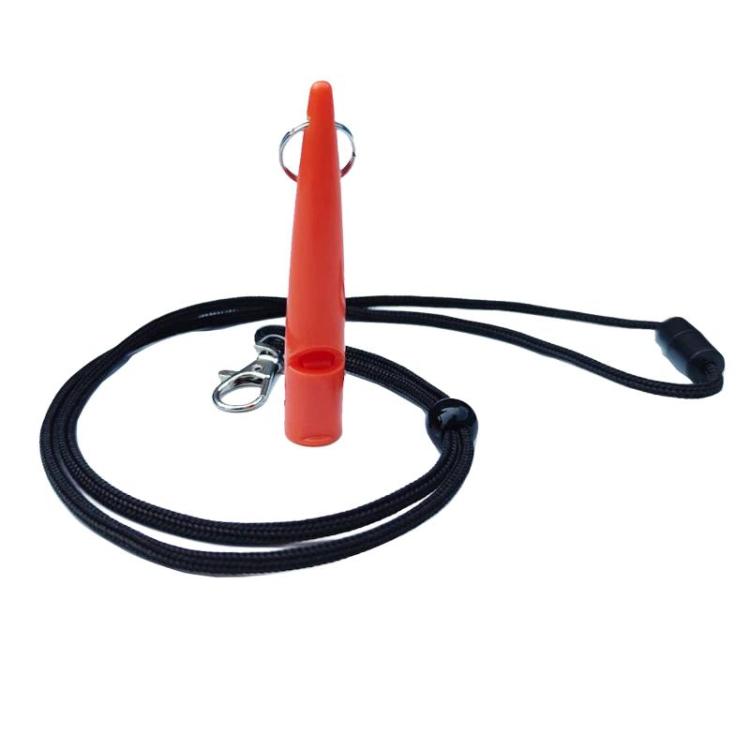 Ultrasonic pet training whistle with orange cylinder, black cord lanyard, metal ring