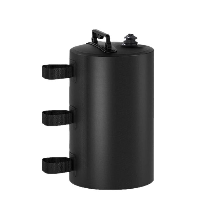 Black cylindrical water-filled tent weight bag with two top caps and three hanging straps