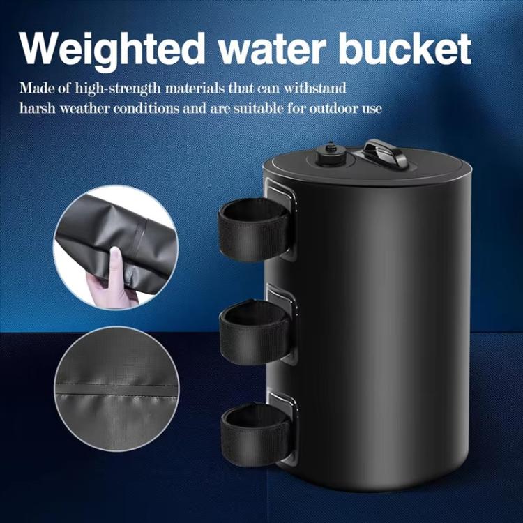Black water-filled weighted bucket with three side cup holders and two top caps
