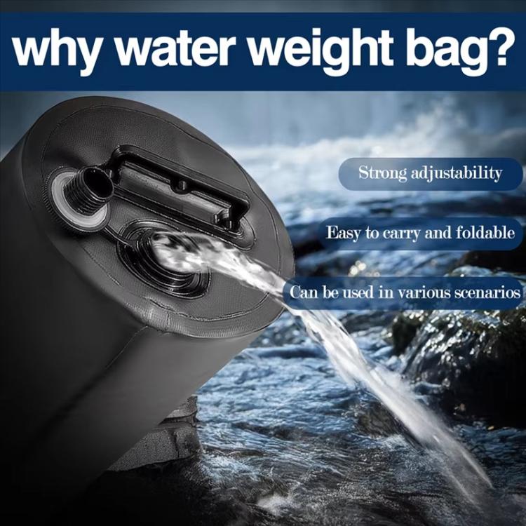Black water-filled tent weight bag with water pouring from side opening