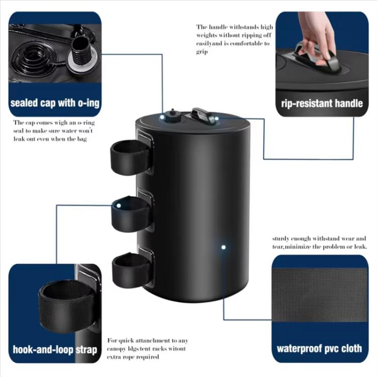 Black water-weighted bucket with sealed cap, rip-resistant handle, and side straps