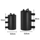 Black water-filled tent weight bag shown in two cylinder sizes with side straps