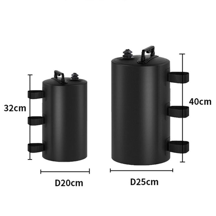 Black water-filled tent weight bag shown in two cylinder sizes with side straps