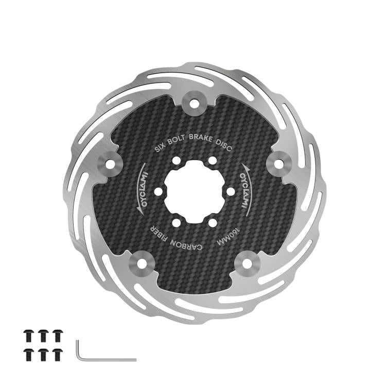 Six-bolt carbon fiber brake disc with vented silver outer ring and dark weave center