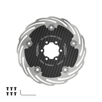 Six-bolt carbon fiber brake disc with vented silver outer ring and dark weave center