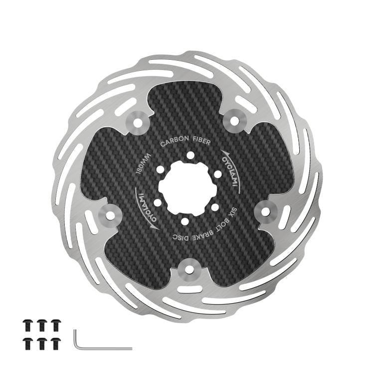 Six-bolt carbon fiber brake disc, dark weave rotor with silver mounting hardware positions