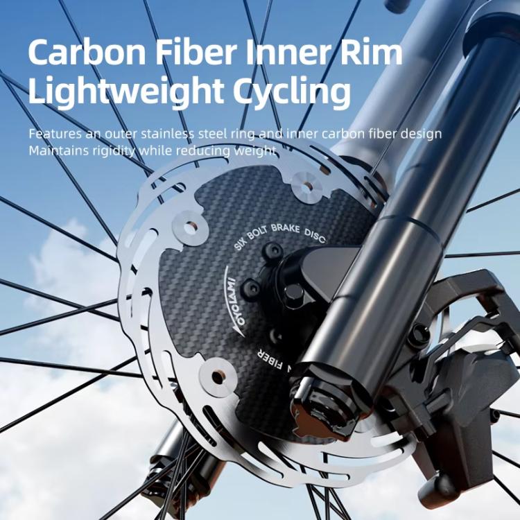 Carbon fiber brake disc mounted on a bicycle front wheel hub, six-bolt pattern
