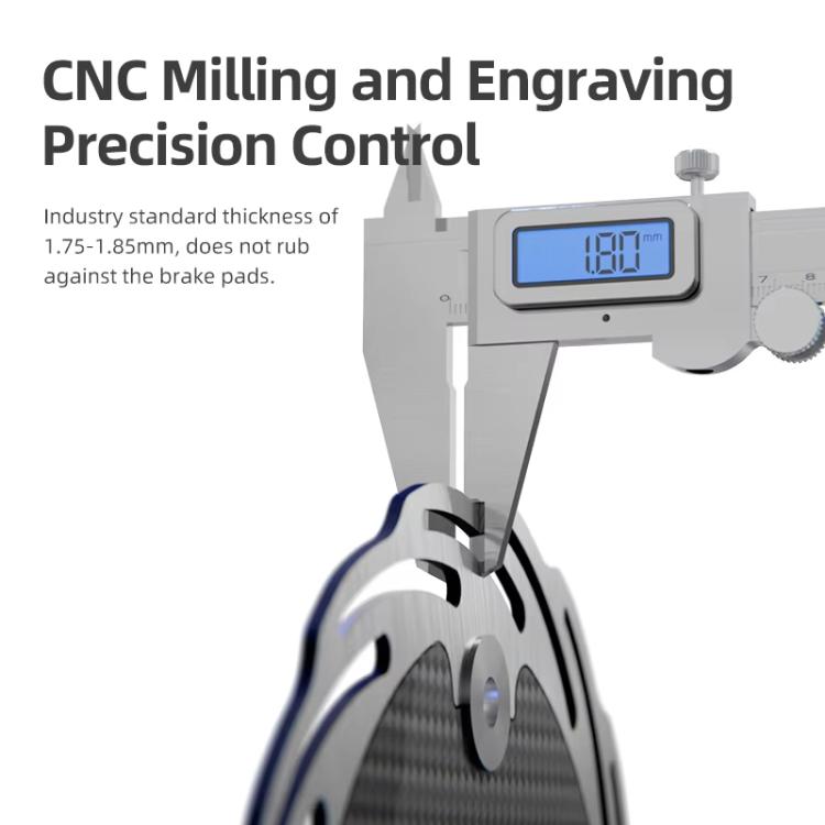 Carbon fiber brake disc inspection with CNC caliper gauge reading shown