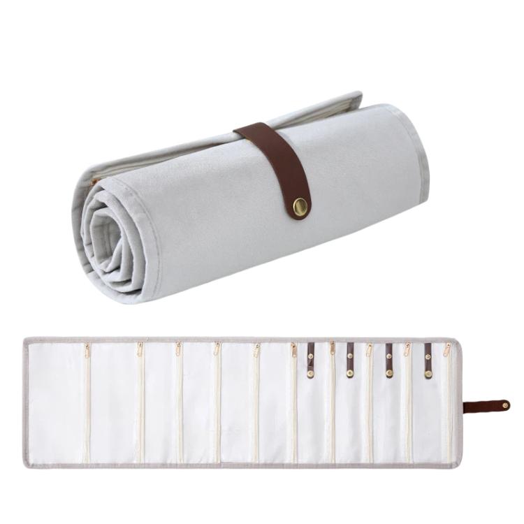 Beige gray roll-up velvet jewelry organizer bag with snap strap and lined compartments