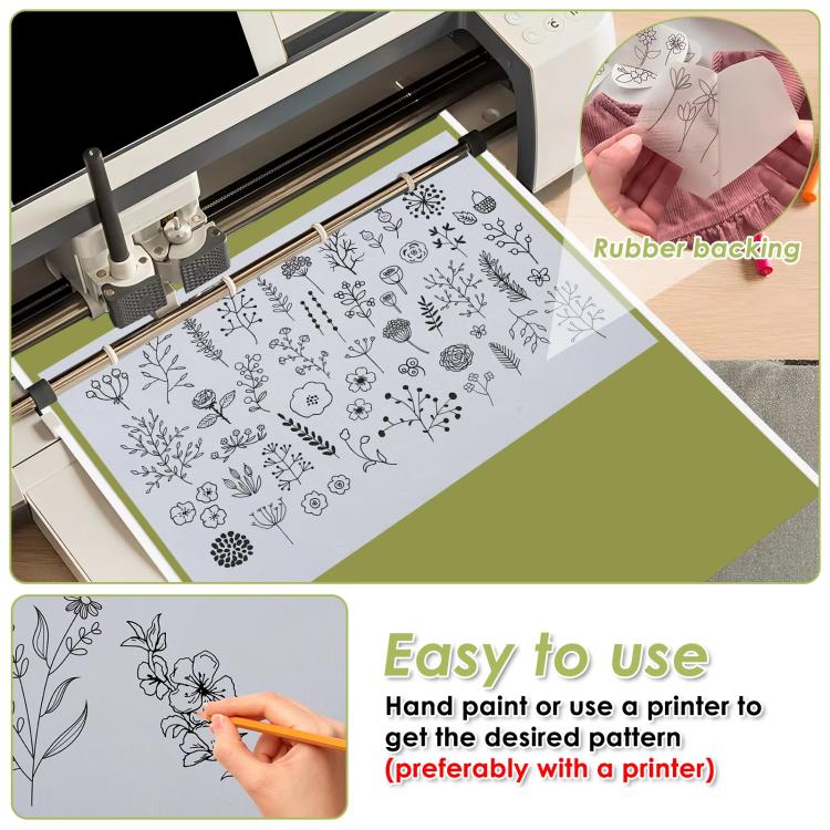 Printed floral embroidery transfer paper sheet with self-adhesive non-woven backing