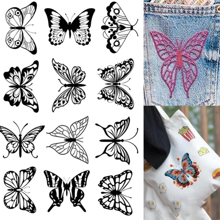 Embroidery transfer paper sheet with black butterfly and flower design set