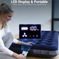 White mini air pump with LED digital display inflating an air mattress
