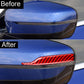 Red carbon-fiber rearview mirror protective trim strip installed on side mirror