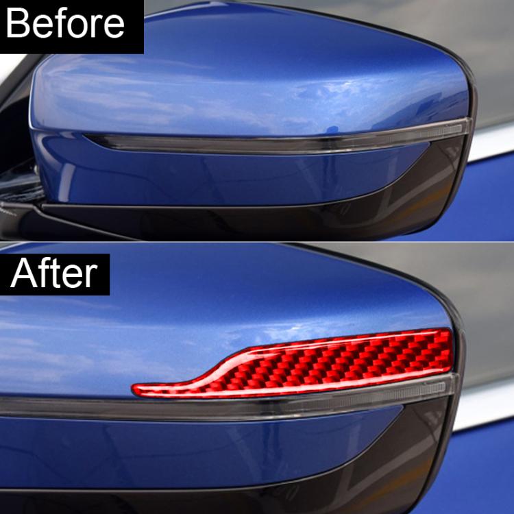 Red carbon-fiber rearview mirror protective trim strip installed on side mirror