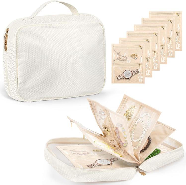 White jewelry organizer case with handle, clear zip pages for rings, earrings, necklaces