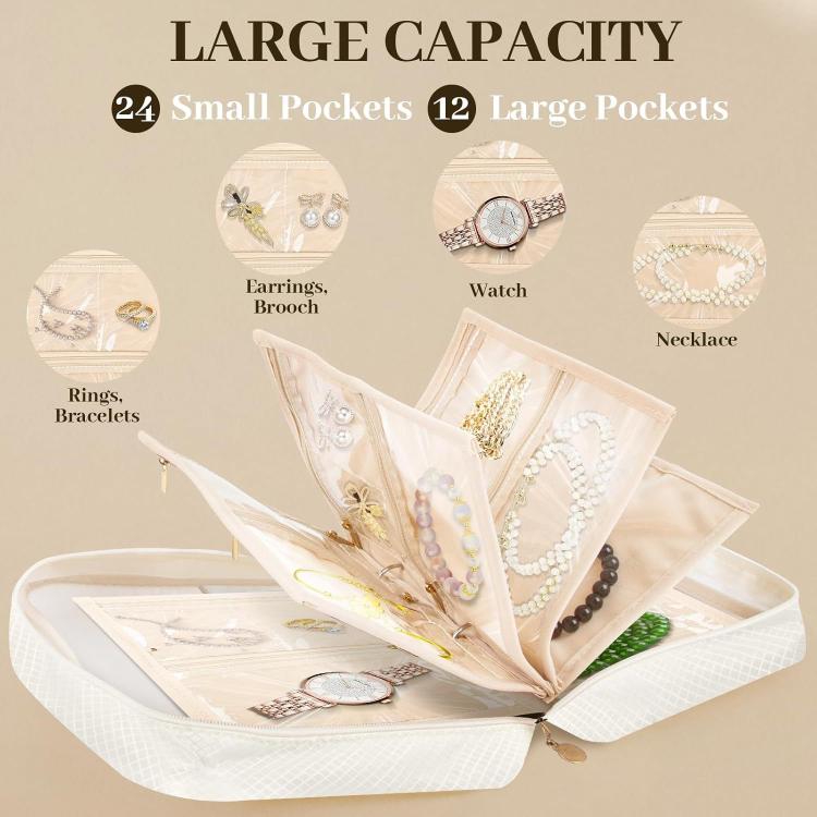 White jewelry organizer case open with clear zip pockets for rings, watch, and necklaces