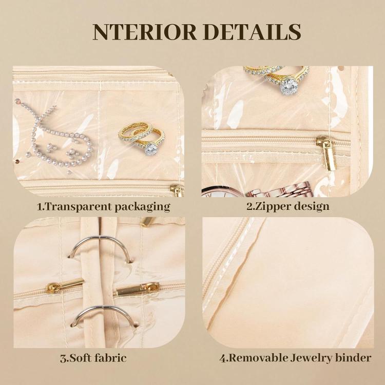 Jewelry organizer interior with transparent pages, zipper design, and removable binder rings