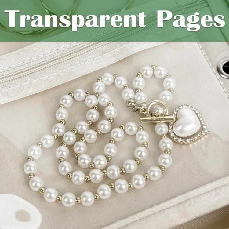 Clear zip page with pearl necklace and heart pendant on jewelry organizer insert