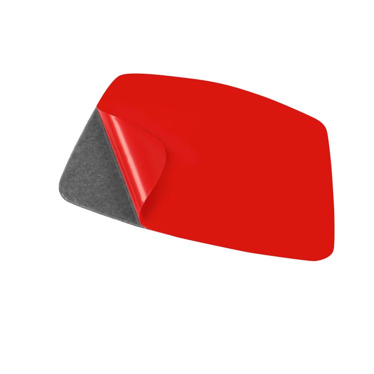 Red carbon-fiber door pillar sticker with adhesive backing, curved rectangular shape