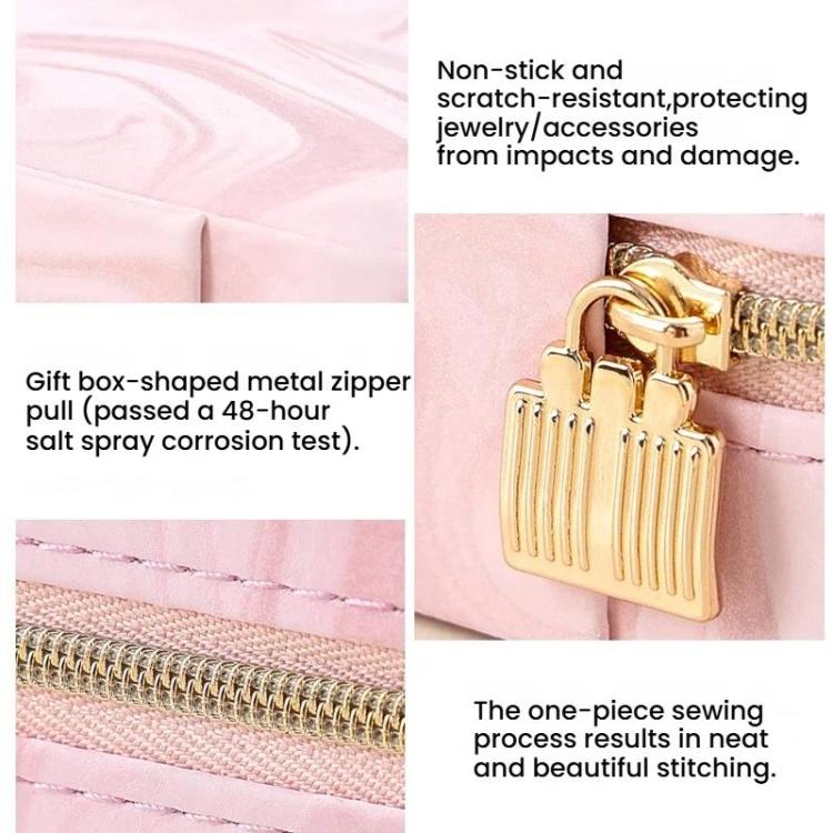 Pink organizer pouch details: gold zipper, sturdy lock, close stitching, textured velvet.