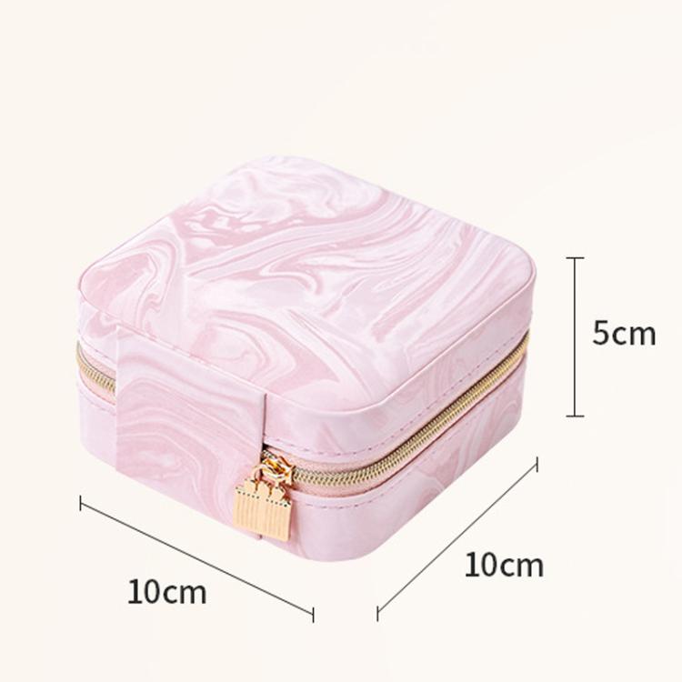 Pink square travel jewelry organizer pouch, 10 x 10 x 5 cm, with gold zipper lock.