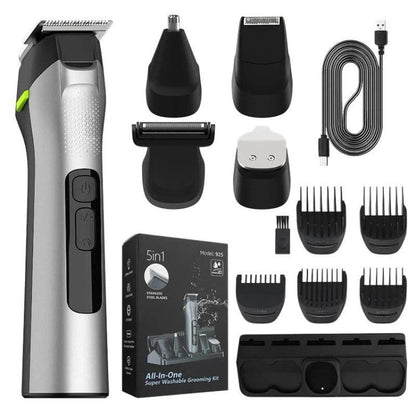 5-in-1 electric hair clipper kit in silver and black with LED, multiple comb guards