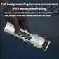 Silver and black waterproof electric hair clipper with head guard, shown with water splash