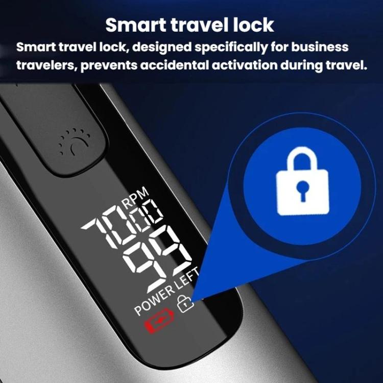 Silver electric hair clipper with lock icon and RPM-style numbers on digital screen