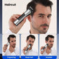 Man trimming hair with a handheld electric clipper, showing sideburn grooming use