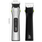 Electric hair clipper front and side view with display, buttons, and comb attachment