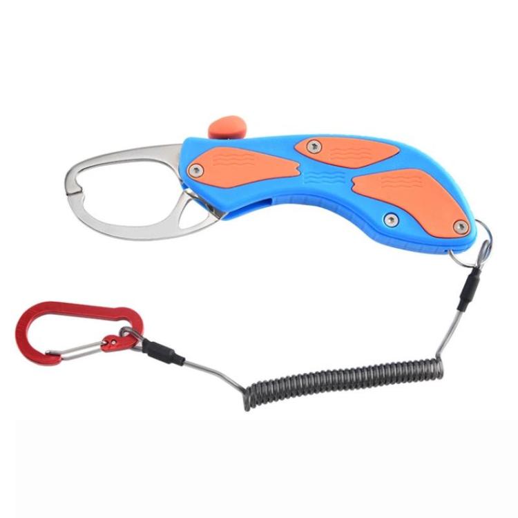 Blue and orange fish-shaped spring lure pliers with safety rope and carabiner