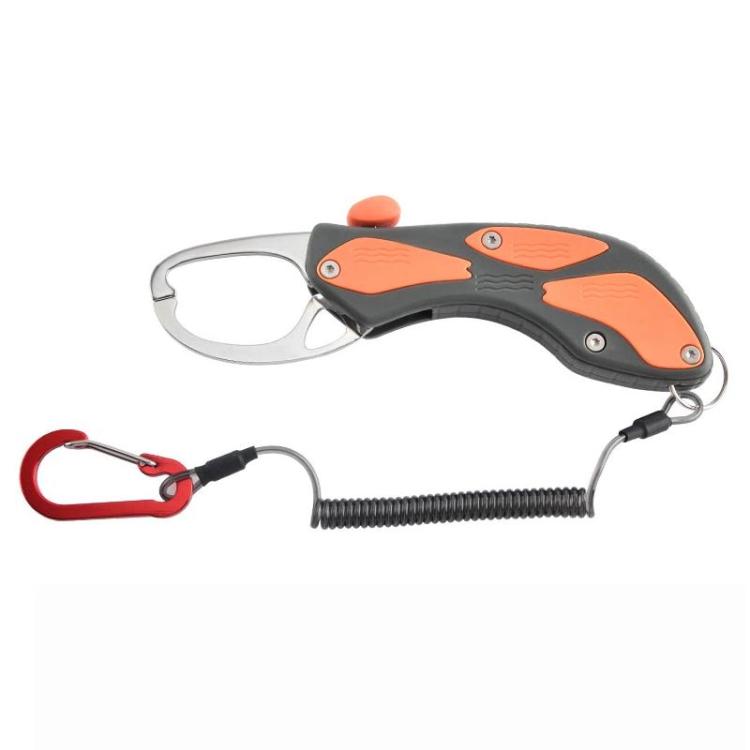 Black and orange fish-shaped spring lure pliers with safety rope and carabiner
