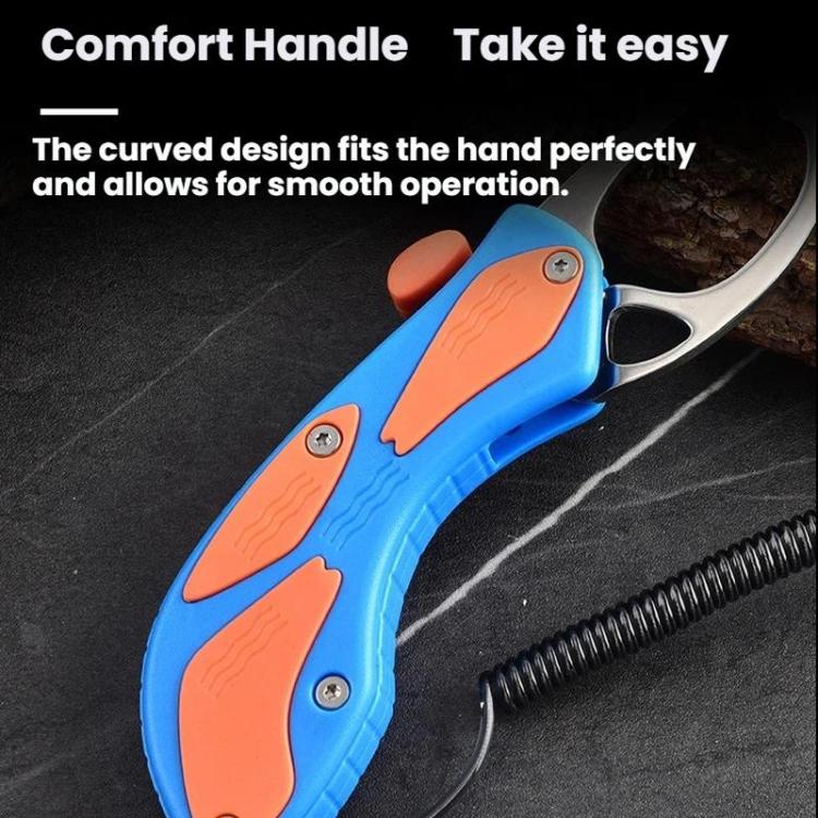 Blue fish handle lure pliers with curved comfort grip and orange anti-slip inserts