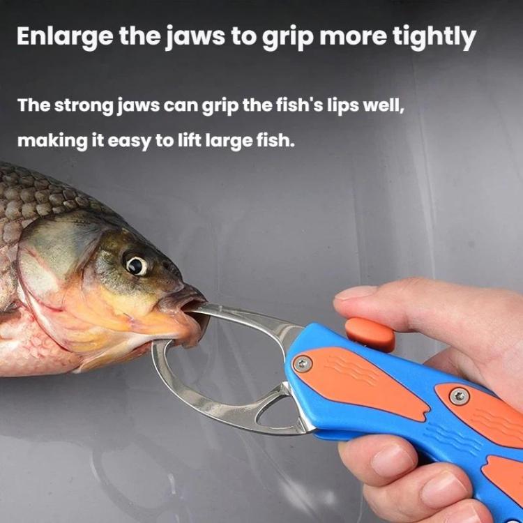 Blue fish-grip lure pliers held to a fish mouth with orange control button