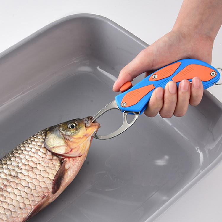 Blue fish-grip lure pliers with open silver jaws held over a fish in sink