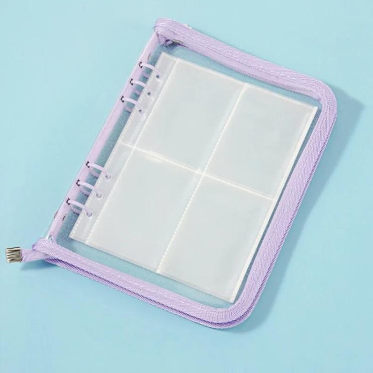 Purple clear PVC zipper pouch with four-pocket inner pages and binder rings