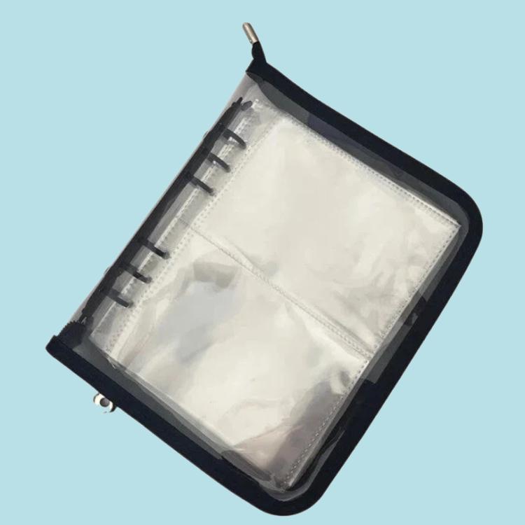 Clear PVC zipper pouch with black zipper trim and four-pocket inner pages