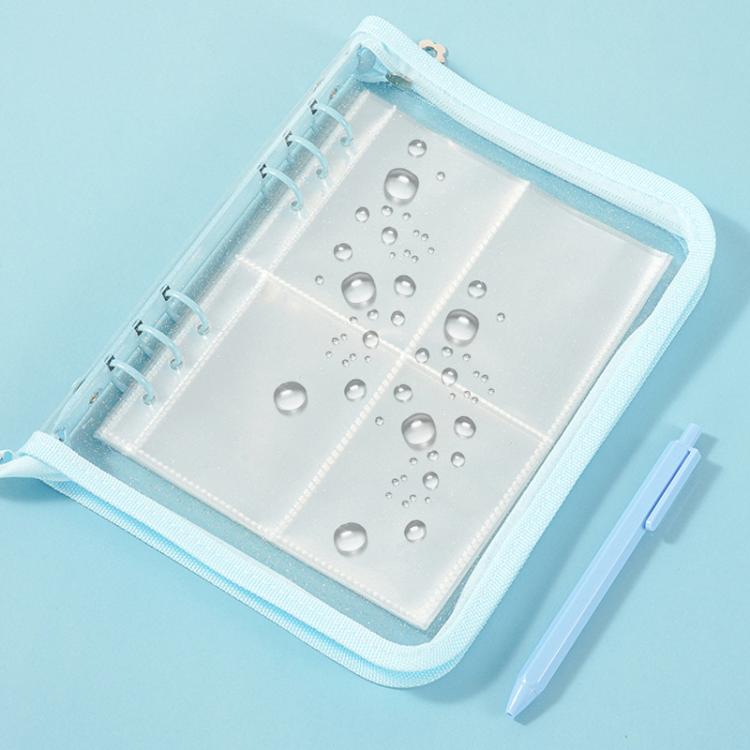 Clear PVC zipper pouch with four-pocket pages and decorative rhinestone bubbles