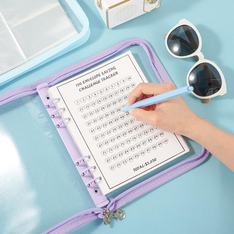 Purple clear PVC zipper pouch with envelope page and four-pocket grid organizer