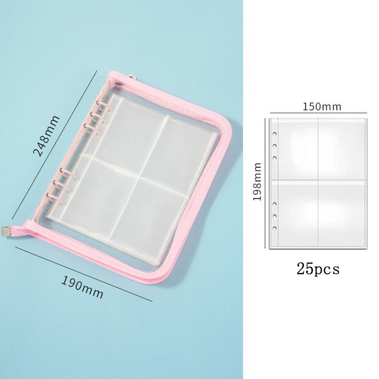 Clear PVC zipper pouch with four-pocket inner pages; size diagram shown