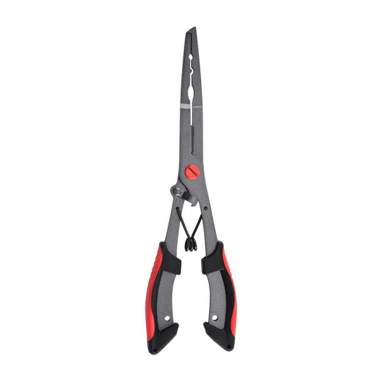 Fishing hook remover pliers with red accents and long eagle-beak jaws, line-cutter design
