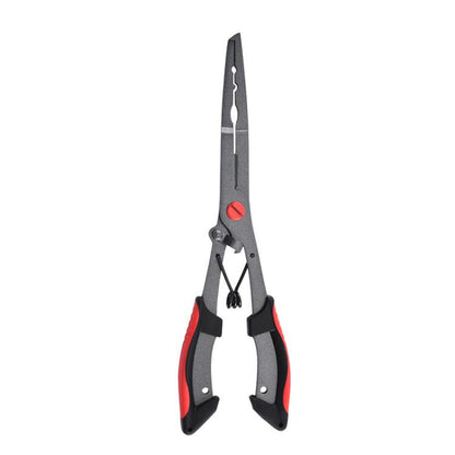 Fishing hook remover pliers with red accents and long eagle-beak jaws, line-cutter design